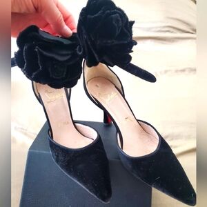 Christian Louboutin Black Suede, Flower Ankle Strap, Red Bottom, 3" Heels. 36.5